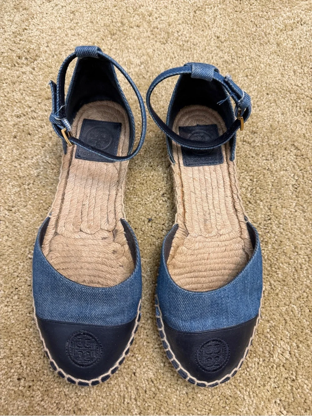 Tory Burch Denim and Black Espadrille Sandals